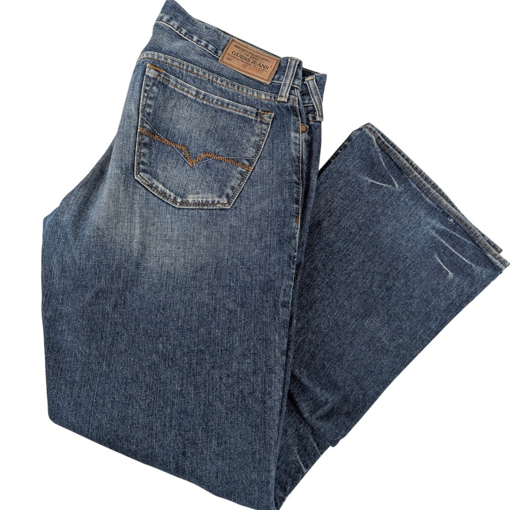 Guess Mens Jeans Blue Denim Button Fly Straight Leg Medium Wash 38x32 Boot Cut